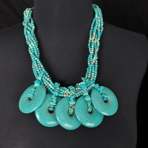 Chicos large turquoise blue silver beads chunky multi strand bib Necklace - Picture 3 of 9